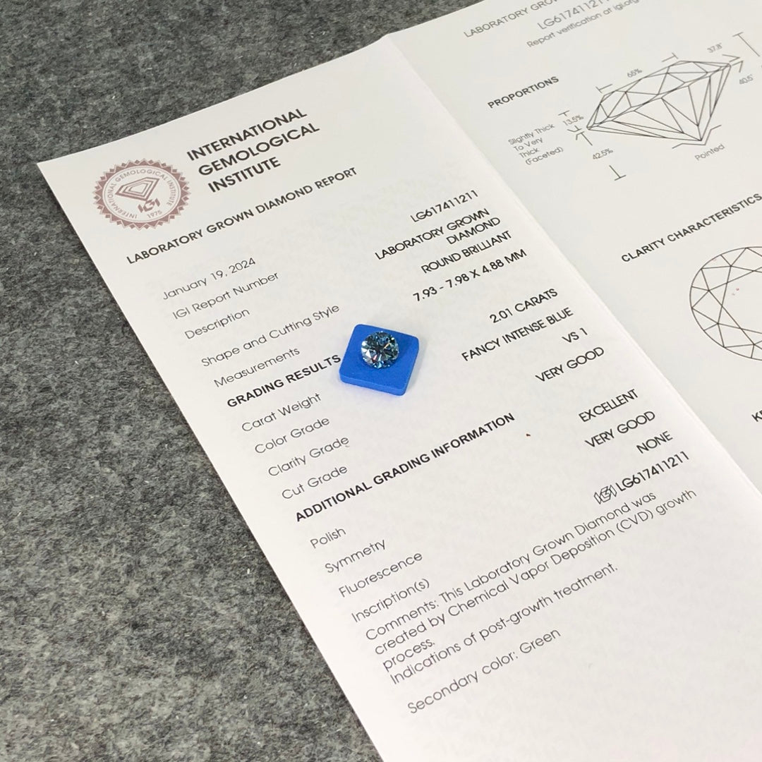 2.01 Carat Lab Grown Diamond Fancy Intense Blue VS1 VG EX VG CVD