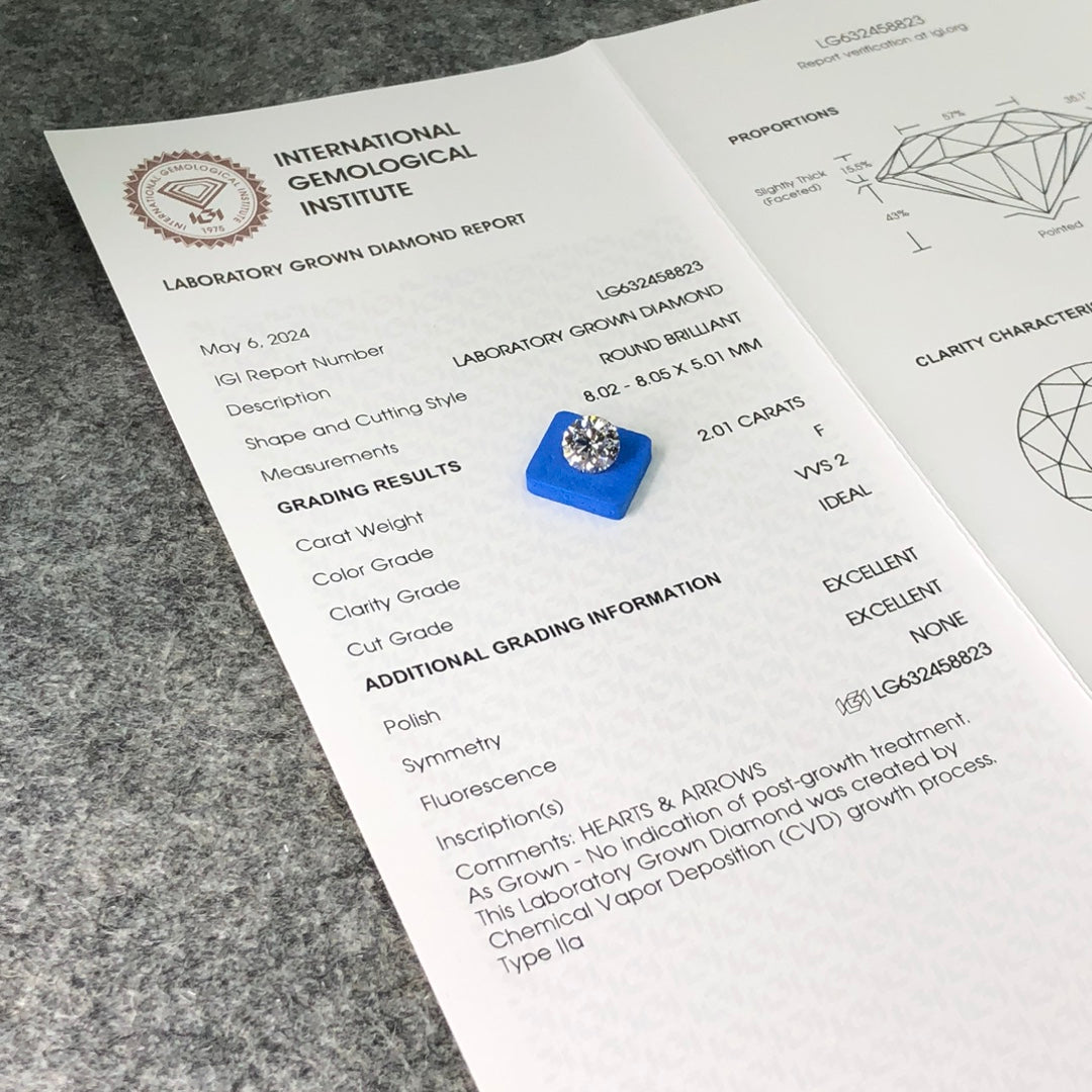 Diamant de laboratoire de 2,01 carats, certifié IGI, créé en laboratoire, F VVS2 ID 2EX CVD