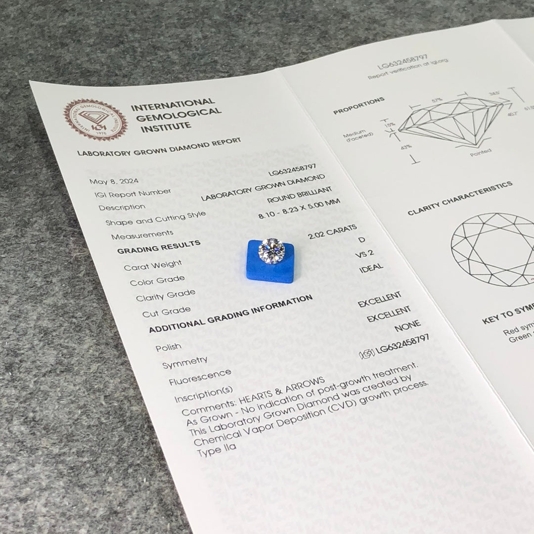 2.02 Carat IGI Certified Lab Created Diamond D VS2 ID 2EX CVD