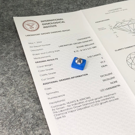 2.02 Carat IGI Certified Lab Created Diamond E VS2 ID 2EX CVD Lab Grown Diamond
