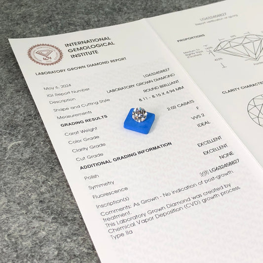 2.02 Carat IGI Certified Lab Grown Diamond Created Diamond F VVS2 ID 2EX CVD