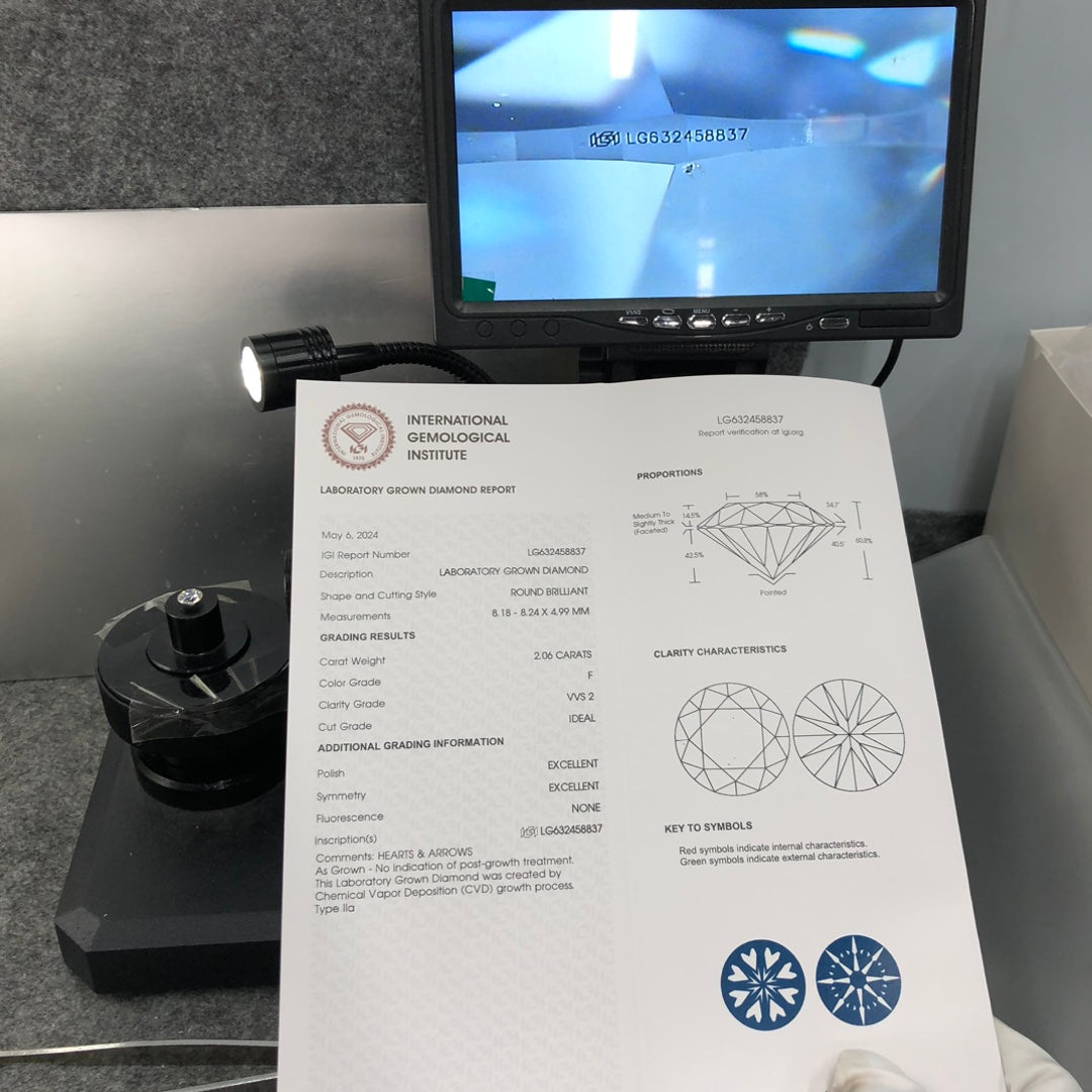 Diamant synthétique de 2,06 carats, certifié IGI, créé en laboratoire, F VVS2 ID 2EX CVD, forme ronde