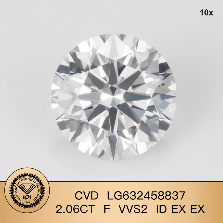 Diamant synthétique de 2,06 carats, certifié IGI, créé en laboratoire, F VVS2 ID 2EX CVD, forme ronde