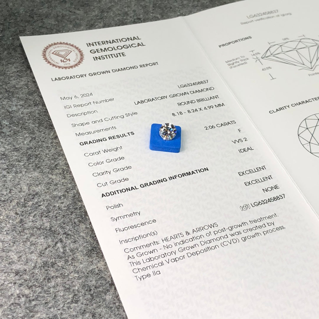 Diamant synthétique de 2,06 carats, certifié IGI, créé en laboratoire, F VVS2 ID 2EX CVD, forme ronde