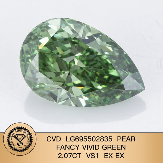 2.07 Carat Lab Grown Pear Diamond Fancy Vivid Green VS1 2EX CVD