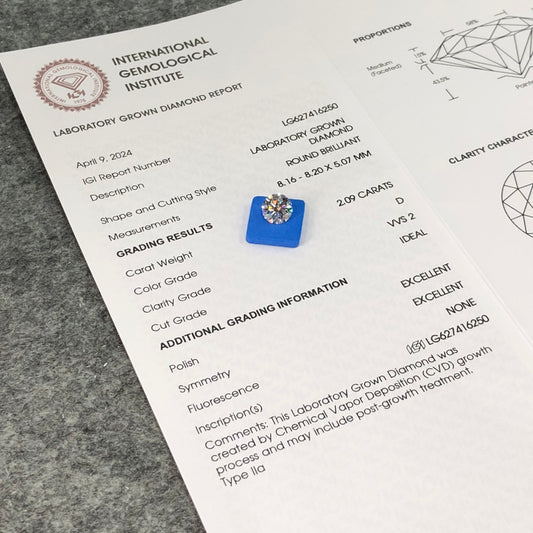 Diamant synthétique de 2,09 carats certifié IGI D 3, excellent CVD VVS2