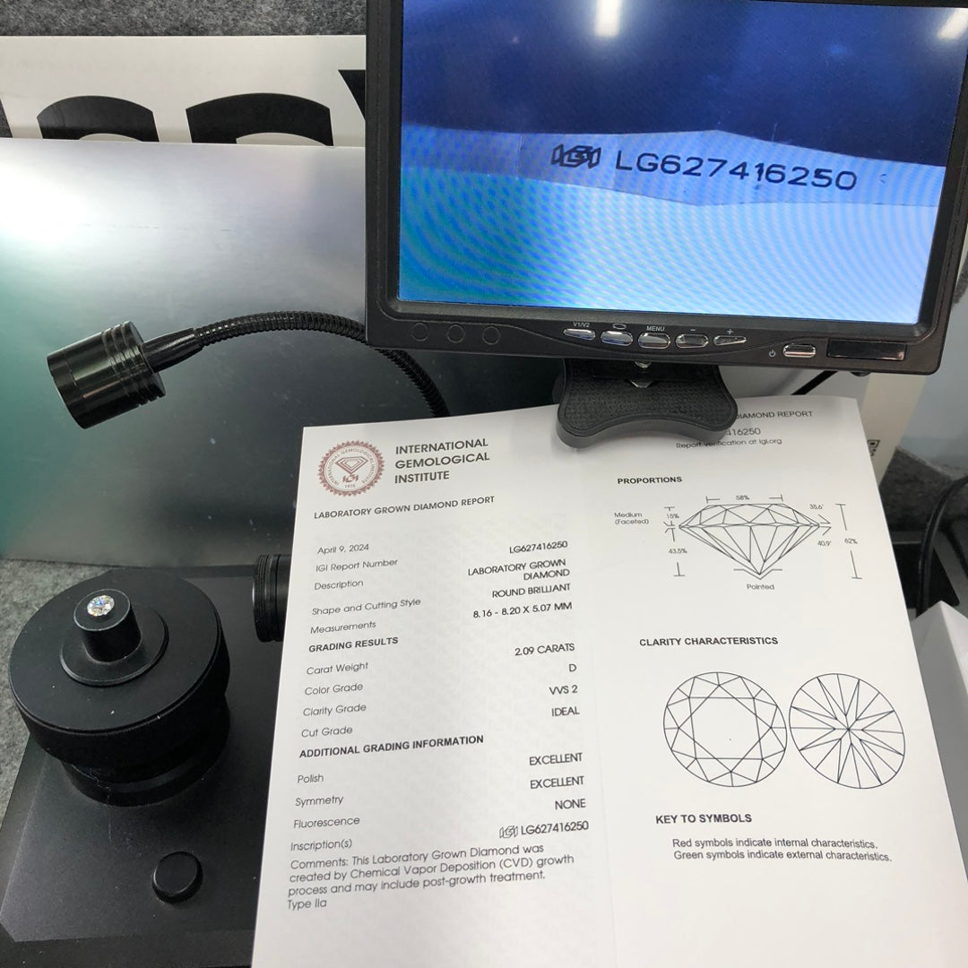 Diamant synthétique de 2,09 carats certifié IGI D 3, excellent CVD VVS2