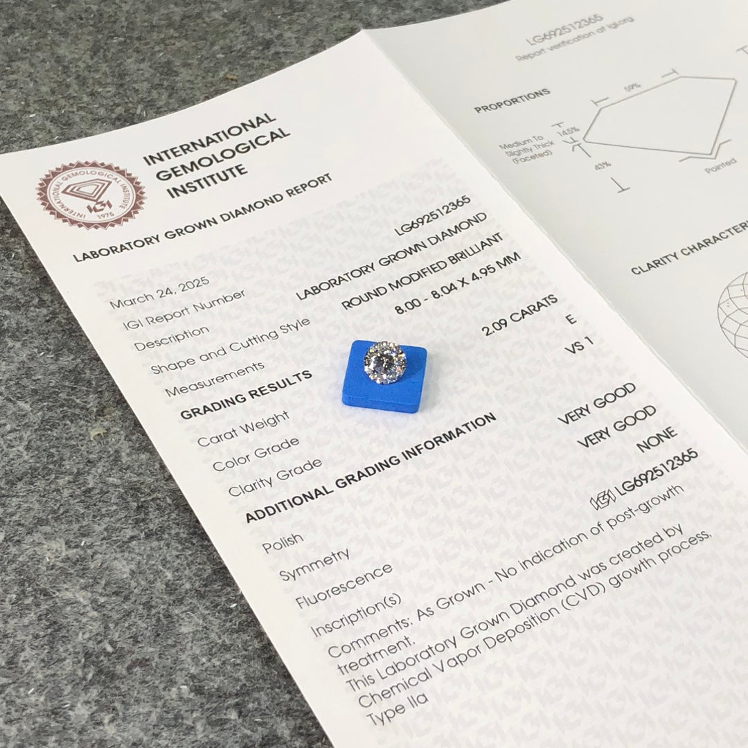Diamant synthétique de 2,09 carats certifié IGI, taille E VS1, 2VG CVD, 129