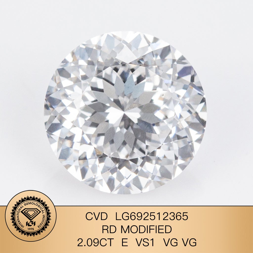 Diamant synthétique de 2,09 carats certifié IGI, taille E VS1, 2VG CVD, 129