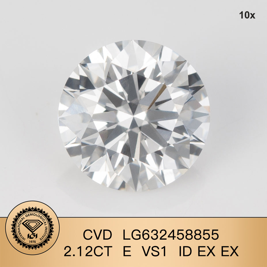 Diamant rond de 2,12 carats certifié IGI, créé en laboratoire, E VS1 ID 2EX CVD