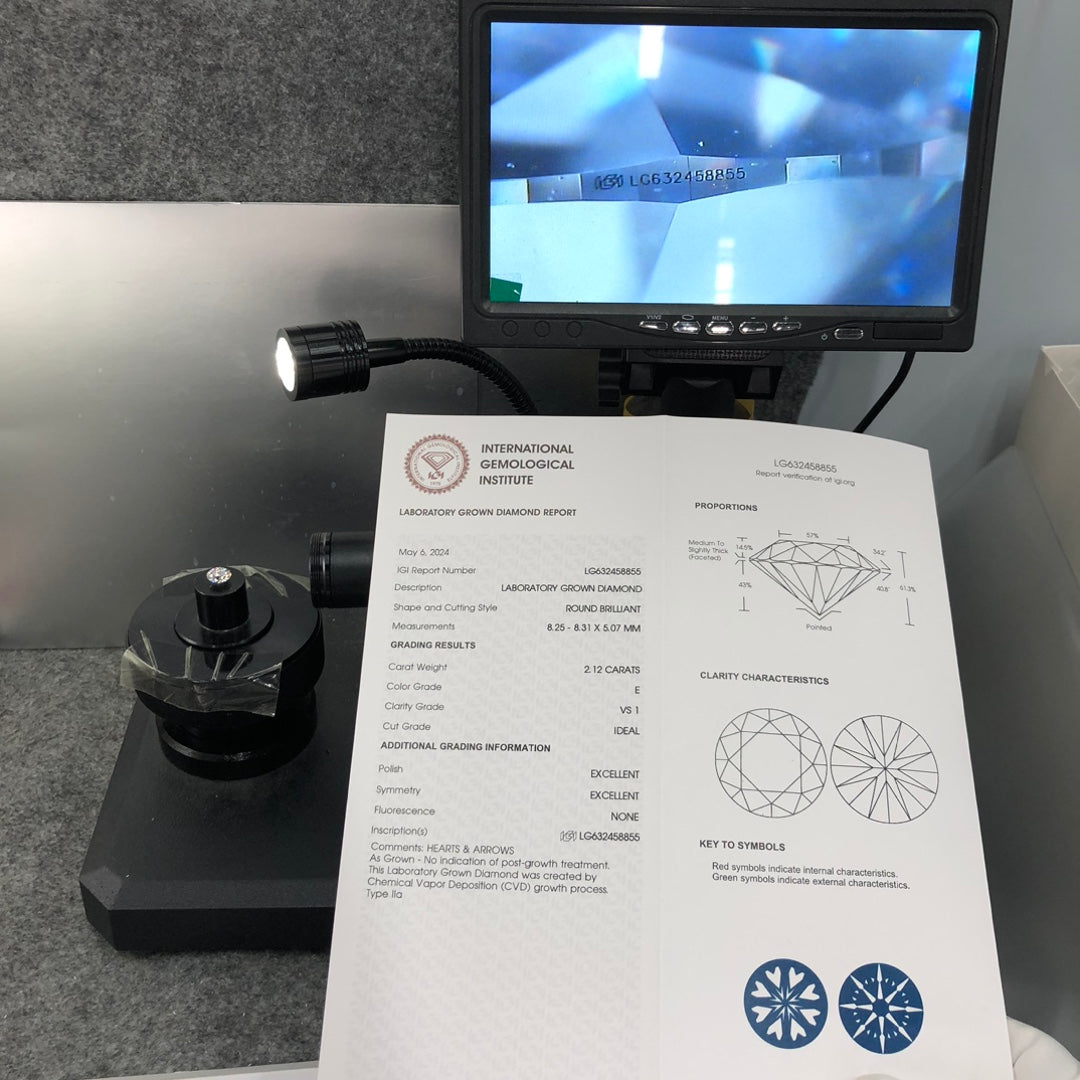 Diamant rond de 2,12 carats certifié IGI, créé en laboratoire, E VS1 ID 2EX CVD