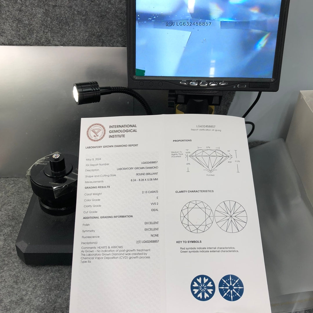 Diamant de laboratoire certifié IGI de 2,13 carats, forme ronde, certifié E VVS2 ID 2EX CVD
