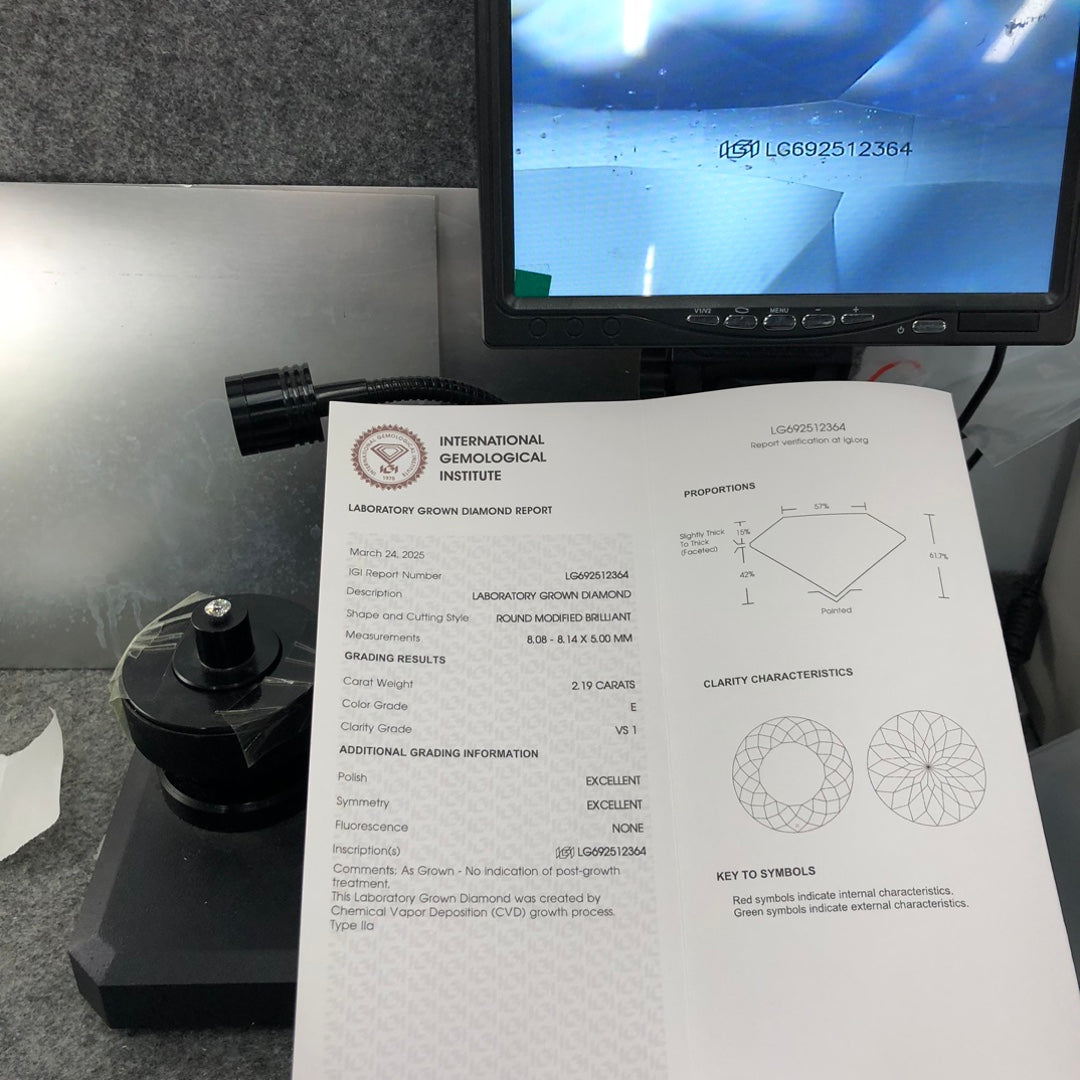 Diamant synthétique de 2,19 carats certifié IGI, taille E VS1, 2EX CVD, 129