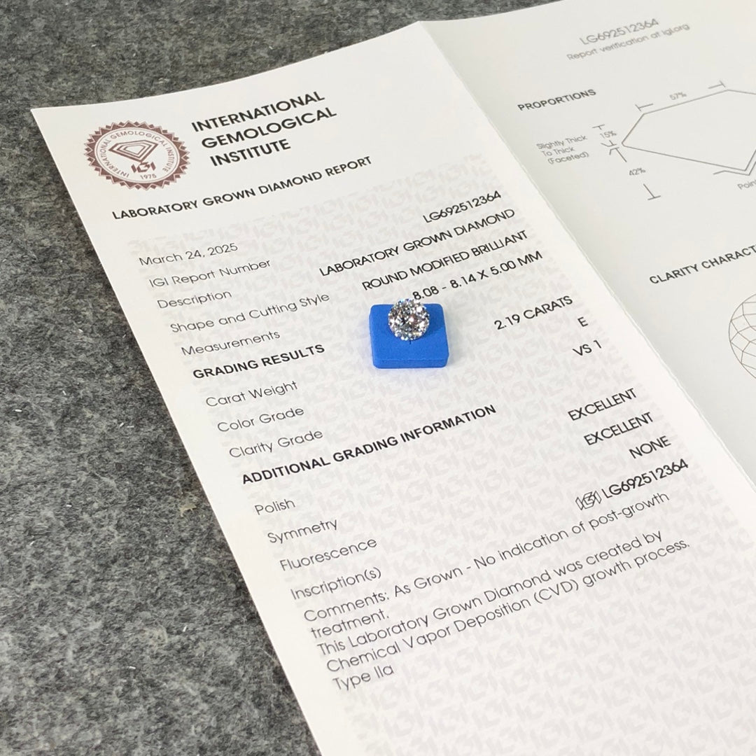 Diamant synthétique de 2,19 carats certifié IGI, taille E VS1, 2EX CVD, 129
