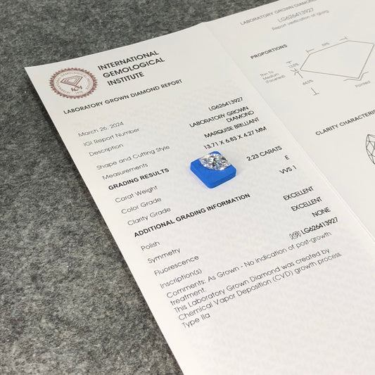 2.23 Carat Lab Grown Marquise Diamond E VVS1 2EX CVD