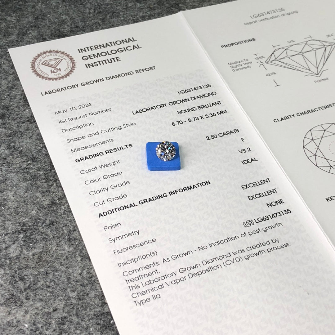 Diamant synthétique de 2,50 carats, certifié IGI, créé en laboratoire, F VS2 ID 2EX CVD