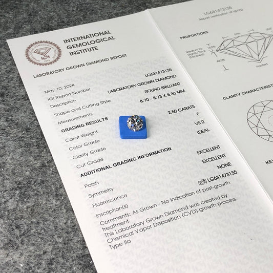2.50 Carat IGI Certified Lab Created Synthetic Diamond F VS2 ID 2EX CVD