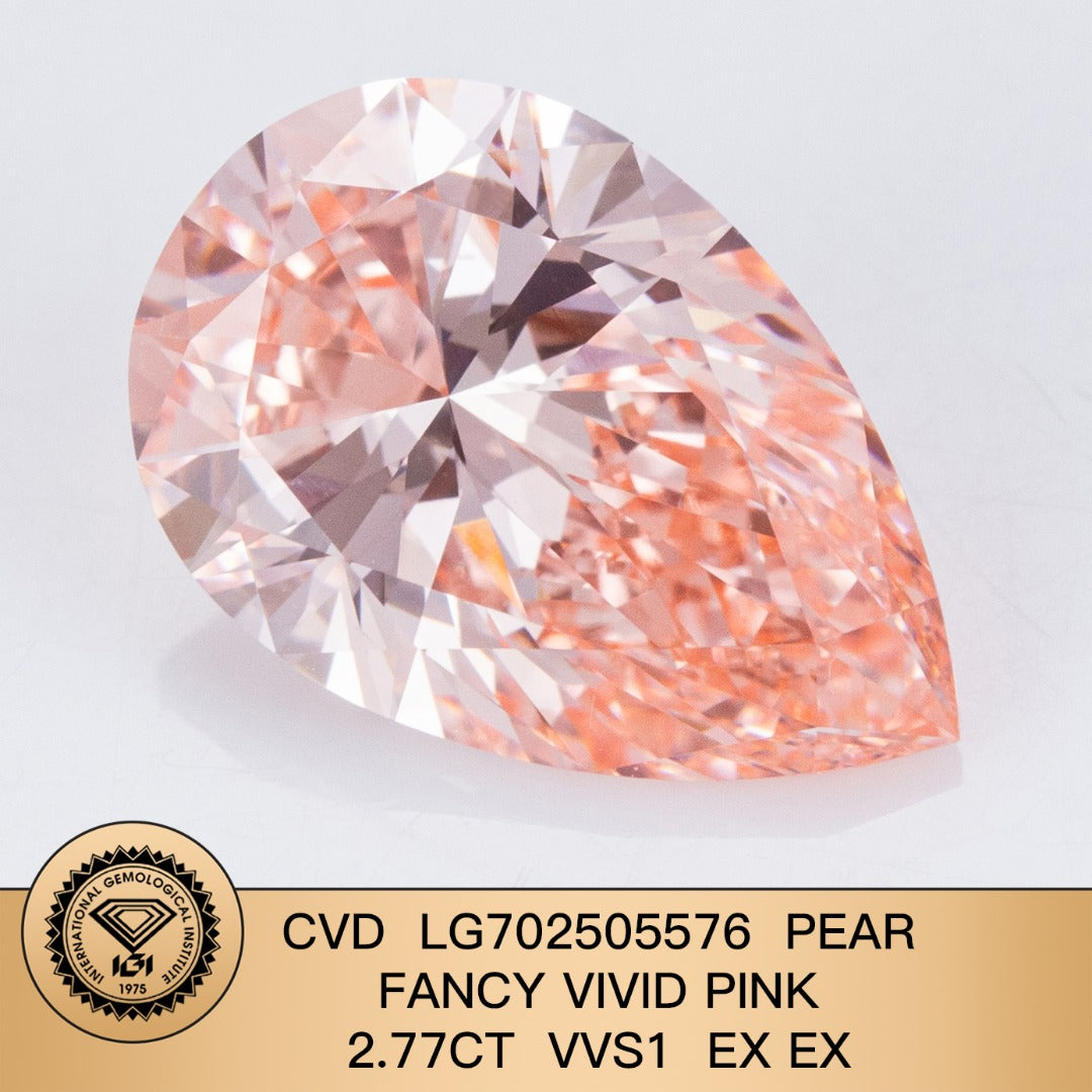 2.77 Carat Lab Grown Diamond Fancy Vivid Pink Pear 2EX CVD VVS1 IGI Certified
