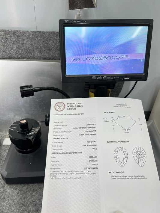 2.77 Carat Lab Grown Diamond Fancy Vivid Pink Pear 2EX CVD VVS1 IGI Certified