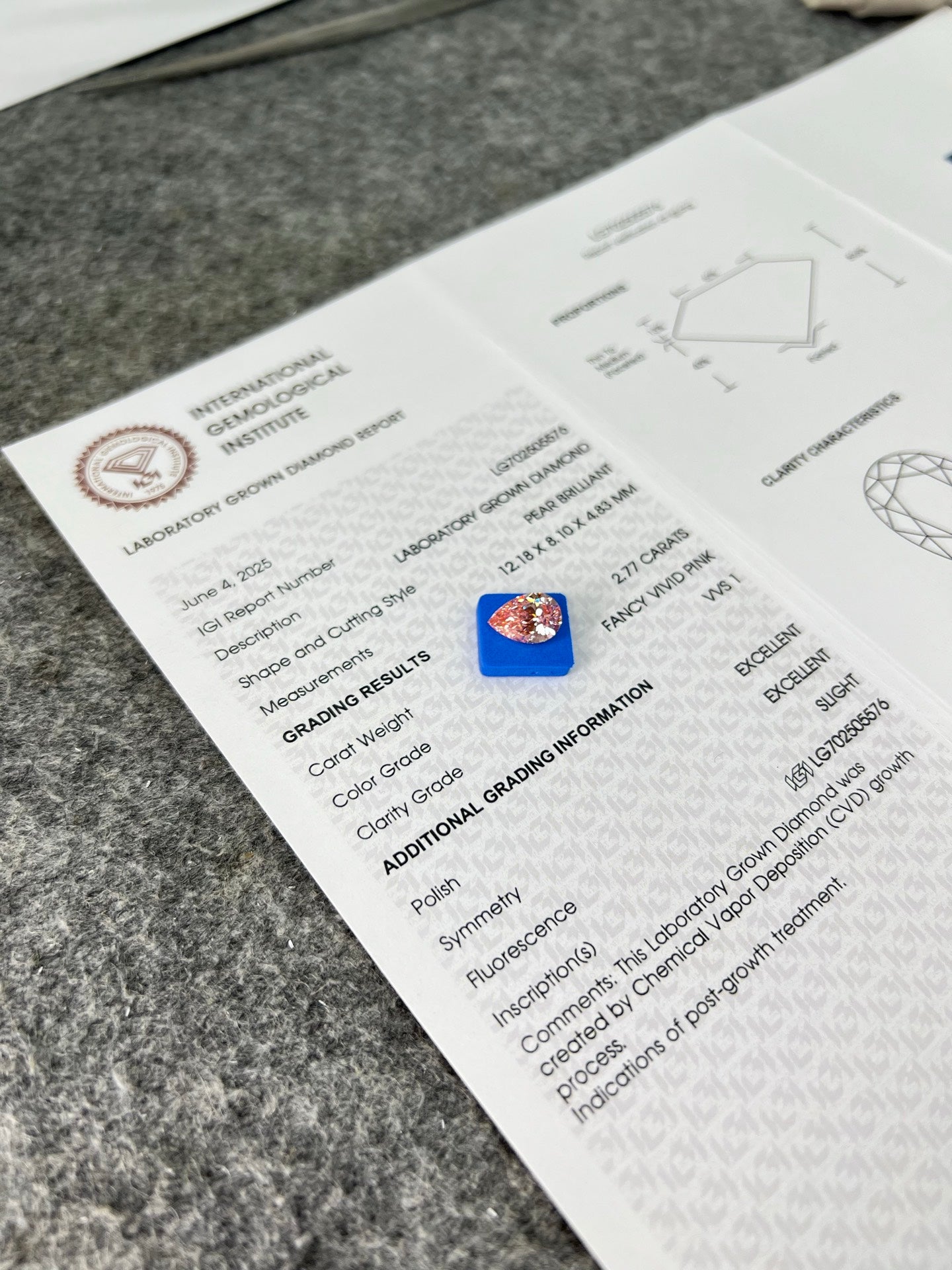2.77 Carat Lab Grown Diamond Fancy Vivid Pink Pear 2EX CVD VVS1 IGI Certified