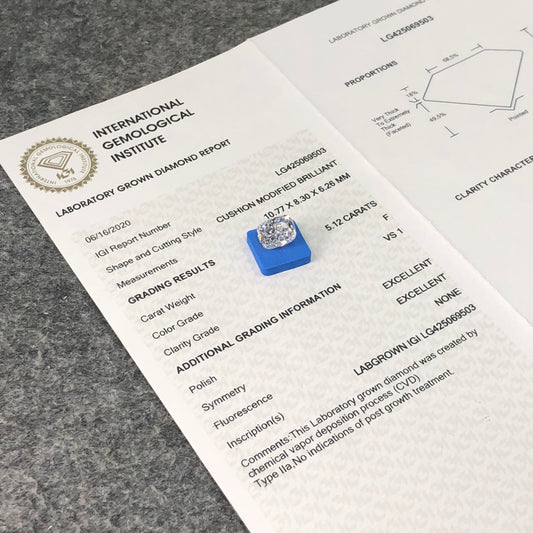 Diamant de laboratoire F de 5,12 carats VS1 IGI CVD AUCUN 2EX