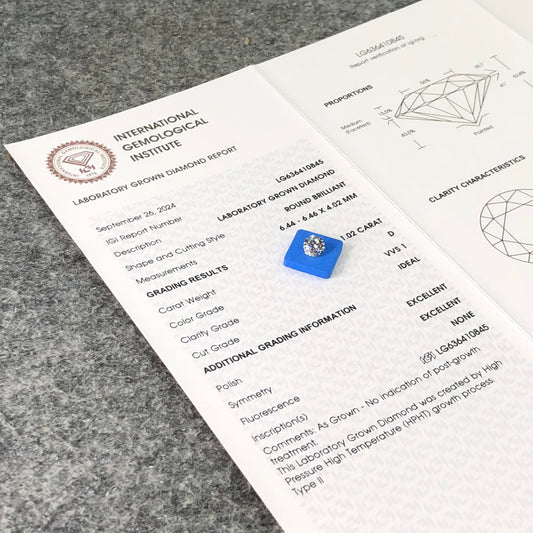 Laboratory Created Diamond VVS1 IGI 1.02 Carat D HPHT NONE 2EX ID