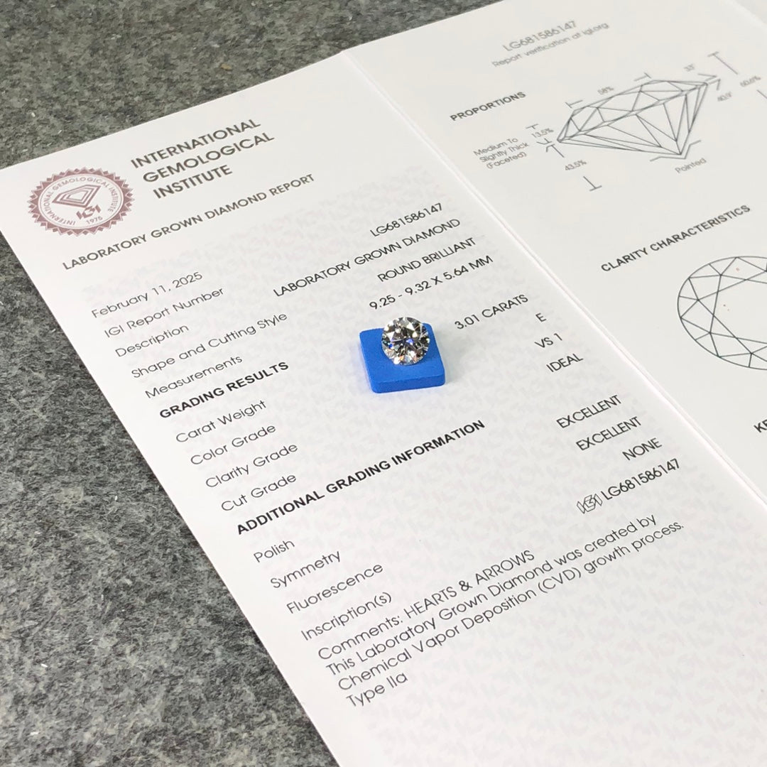 Diamant synthétique rond de 3,01 carats certifié IGI, cultivé en laboratoire, E VS1 ID 2EX CVD