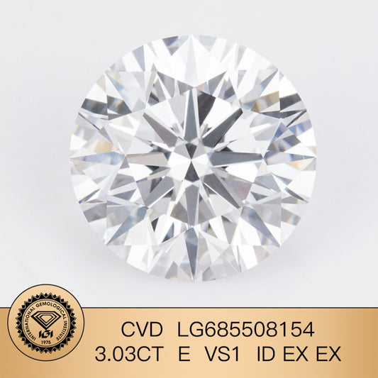 3.03 Carat Lab Grown Diamond E VS1 ID 2EX CVD Round Shape