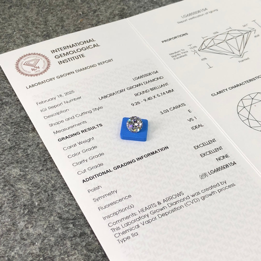 Diamant de laboratoire de 3,03 carats E VS1 ID 2EX CVD forme ronde