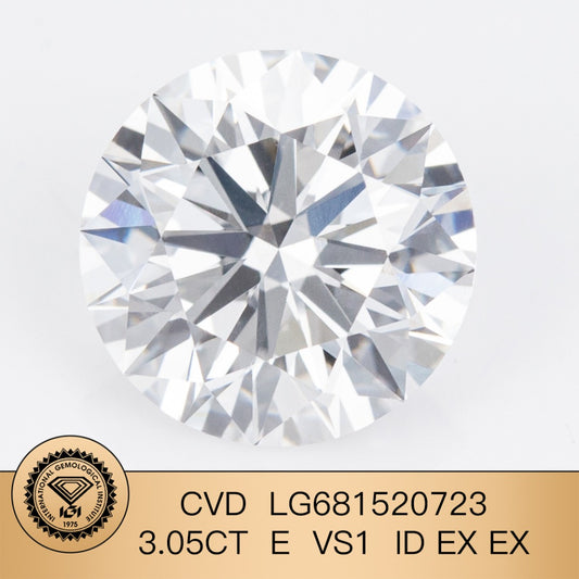 3.05 Carat IGI Certified Lab Created Diamond E VS1 ID 2EX CVD Round Shape