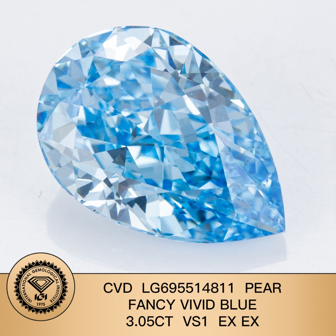Diamant poire de 3,05 carats, cultivé en laboratoire, bleu vif fantaisie VS1 CVD 2EX