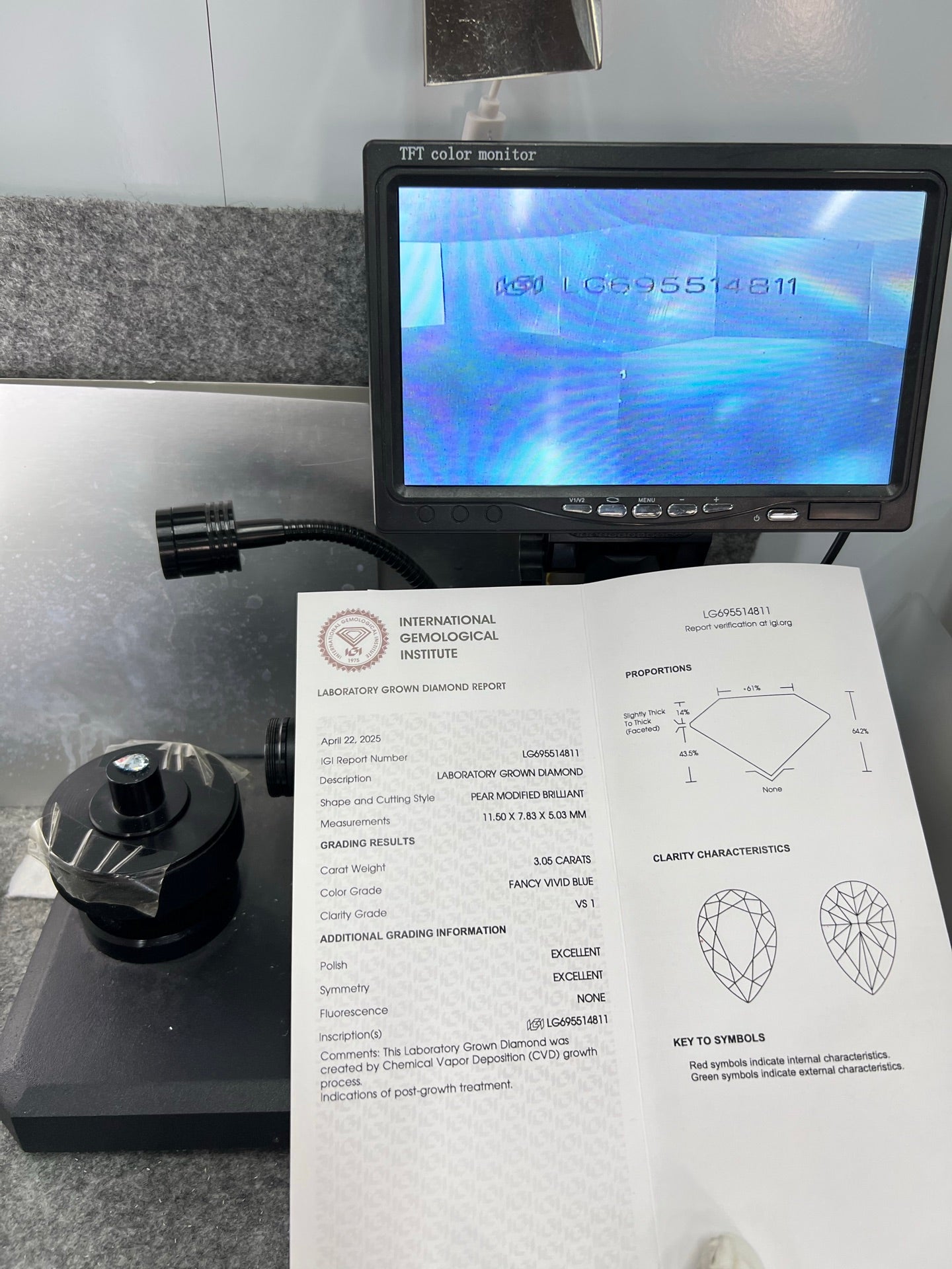 Diamant poire de 3,05 carats, cultivé en laboratoire, bleu vif fantaisie VS1 CVD 2EX