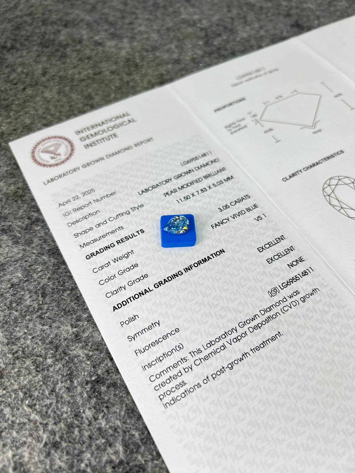 Diamant poire de 3,05 carats, cultivé en laboratoire, bleu vif fantaisie VS1 CVD 2EX