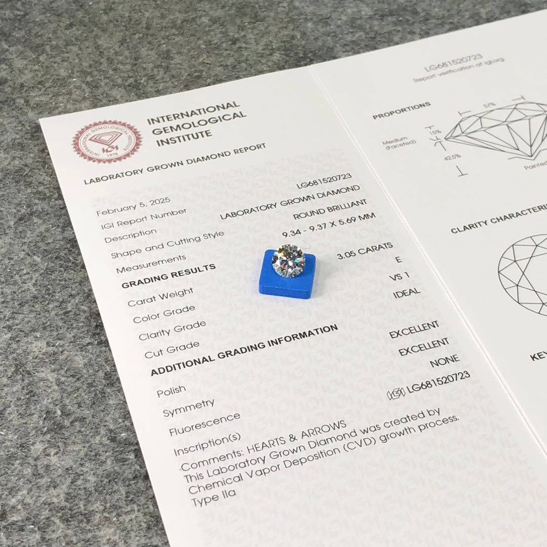 Diamant de laboratoire certifié IGI de 3,05 carats E VS1 ID 2EX CVD de forme ronde