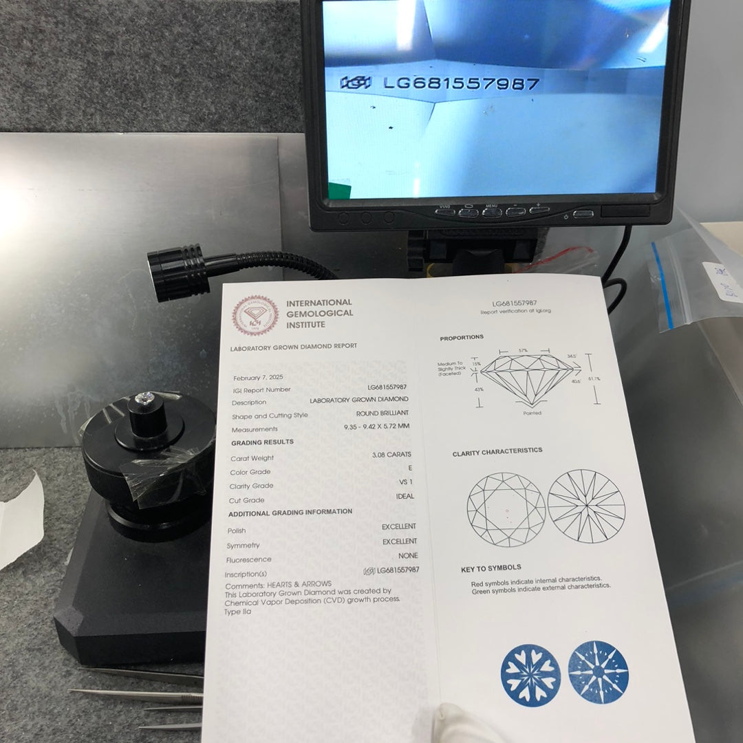 Diamant synthétique de 3,08 carats certifié IGI, cultivé en laboratoire, forme ronde E VS1 ID 2EX CVD