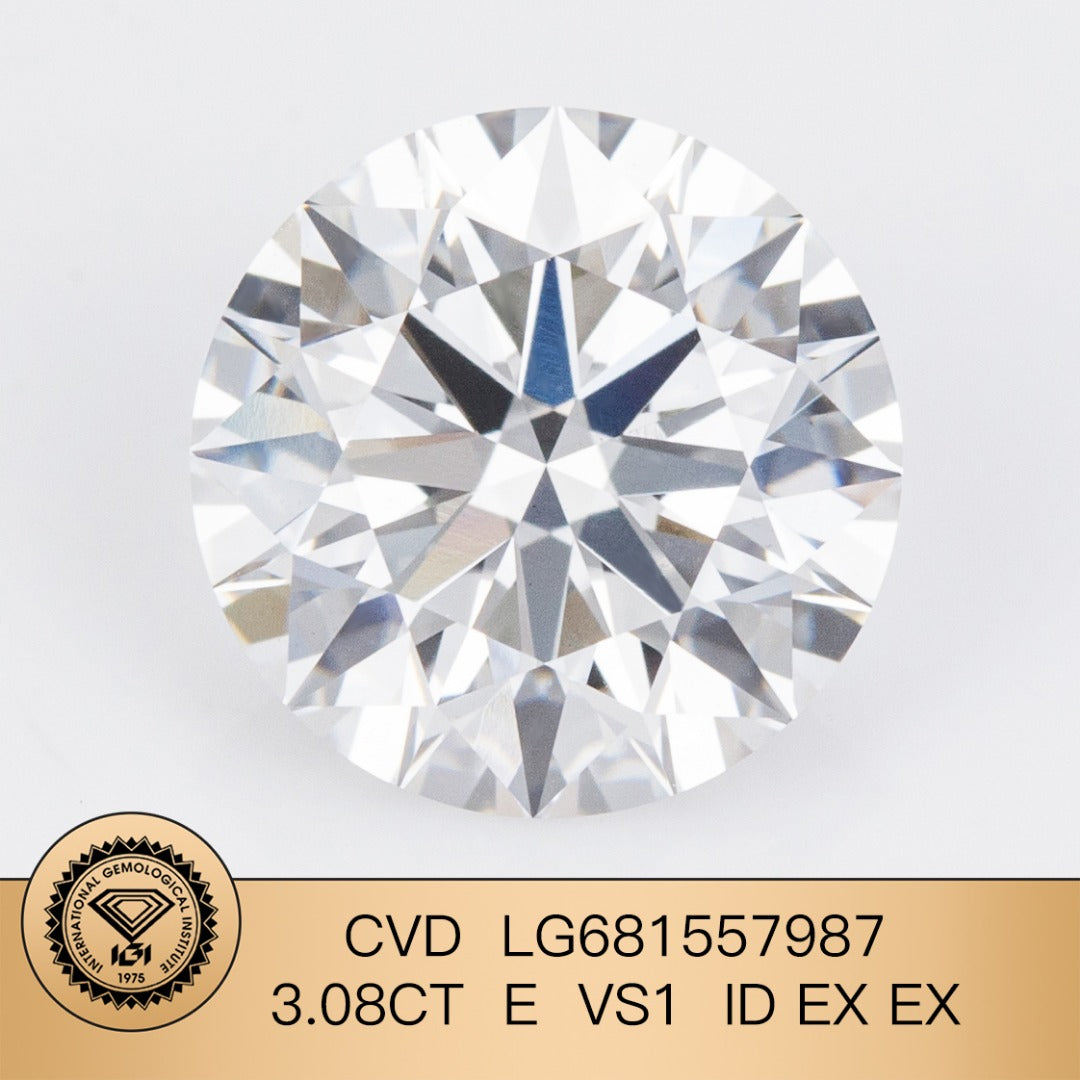 Diamant synthétique de 3,08 carats certifié IGI, cultivé en laboratoire, forme ronde E VS1 ID 2EX CVD