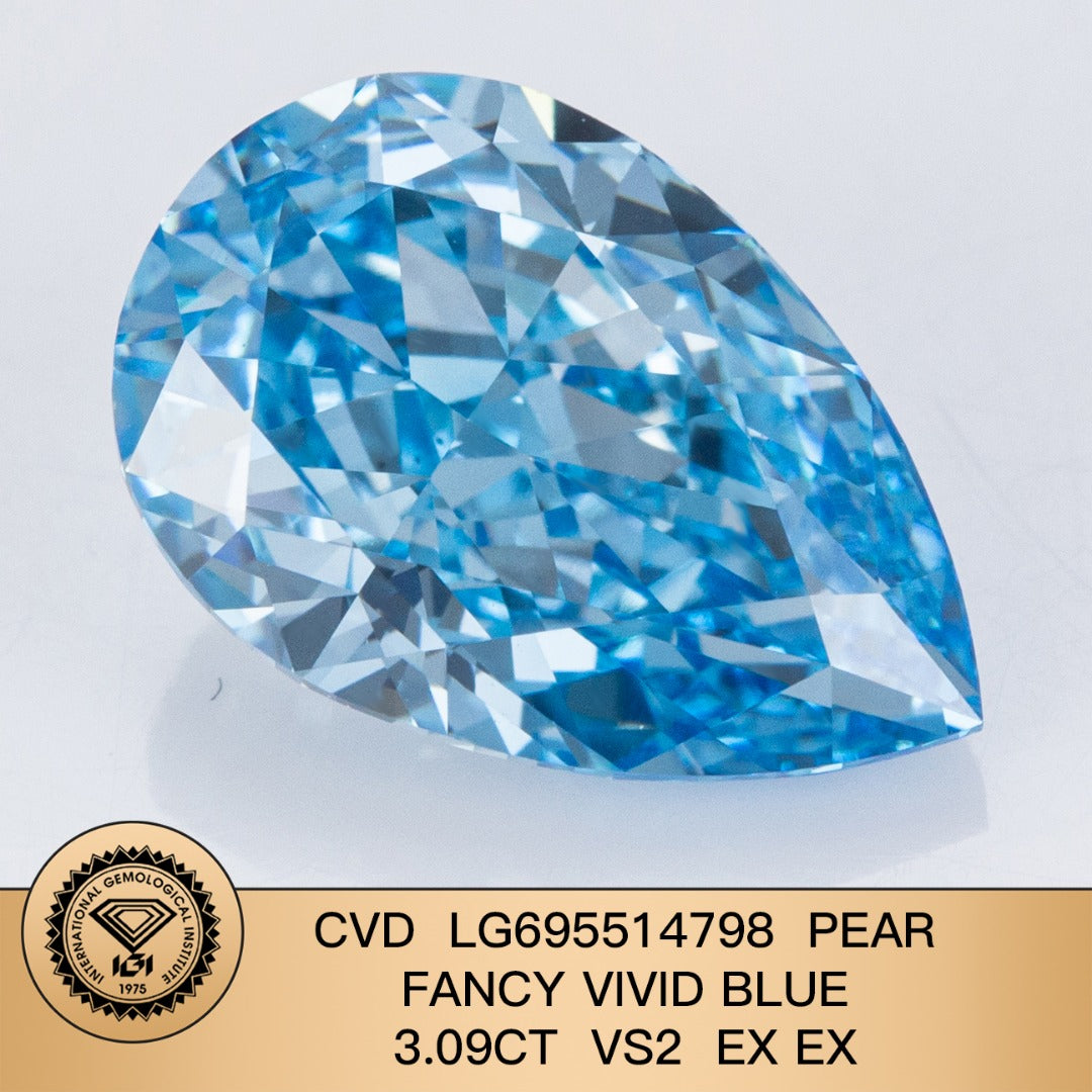 Diamant synthétique de 3,09 carats, taille poire, bleu vif fantaisie VS2 CVD 2EX