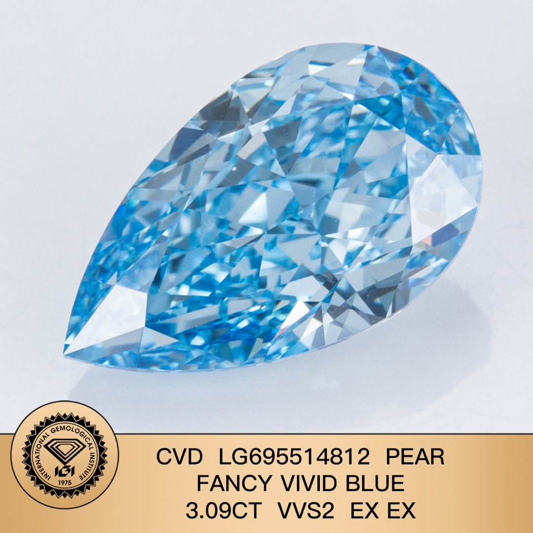 Diamant synthétique poire de 3,09 carats, cultivé en laboratoire, bleu vif fantaisie VVS2 CVD 2EX