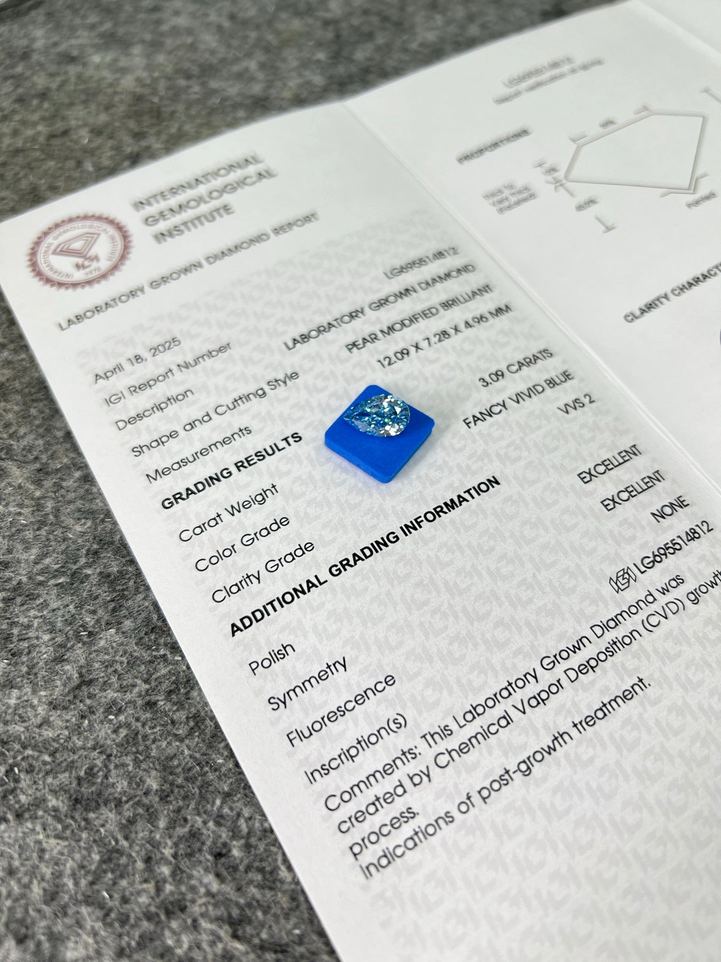 Diamant synthétique poire de 3,09 carats, cultivé en laboratoire, bleu vif fantaisie VVS2 CVD 2EX