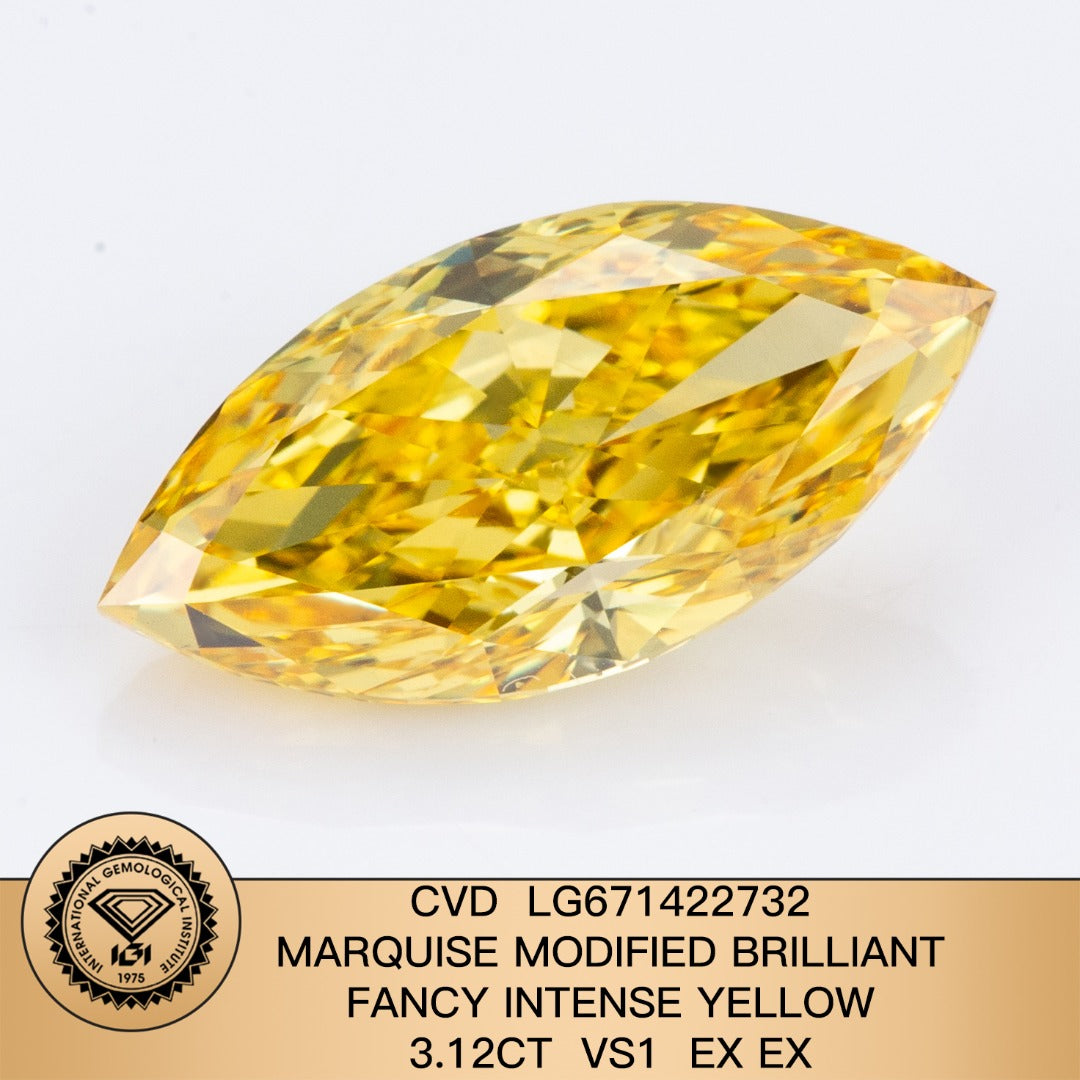 3.12 Carat Lab Grown Diamond Fancy Intense Yellow VS1 2EX CVD Marquise Man-made Diamond