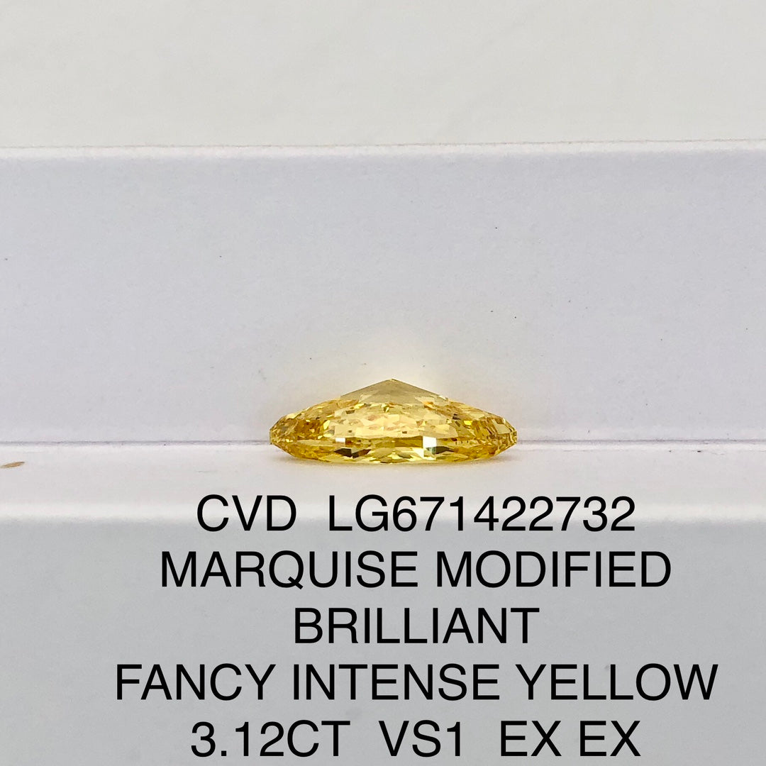 3.12 Carat Lab Grown Diamond Fancy Intense Yellow VS1 2EX CVD Marquise Man-made Diamond