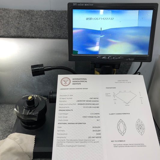3.12 Carat Lab Grown Diamond Fancy Intense Yellow VS1 2EX CVD Marquise Man-made Diamond
