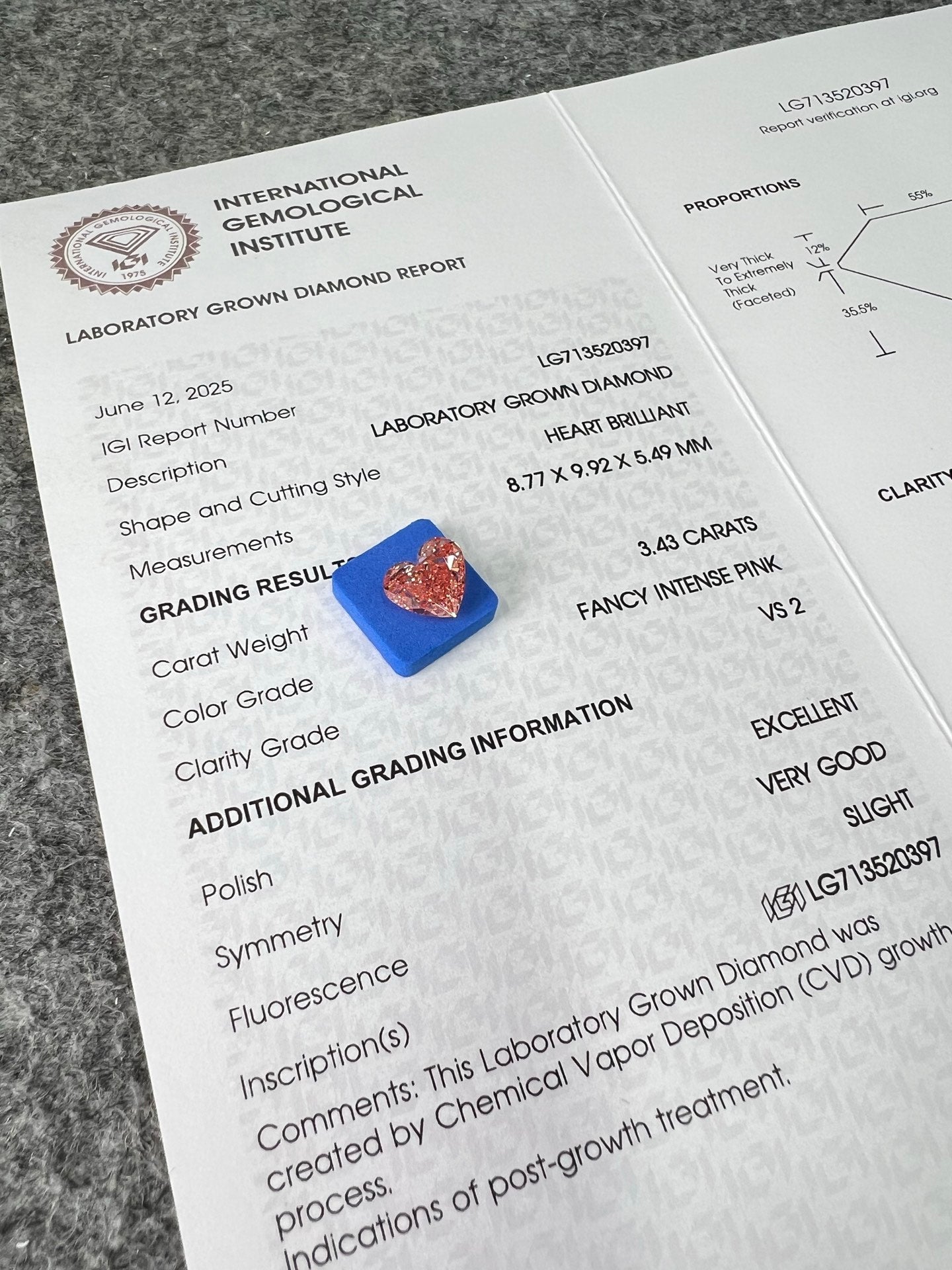 3.43 Carat Fancy Intense Pink Lab Grown Diamond Heart Shape EX VG IGI Certified CVD VS2