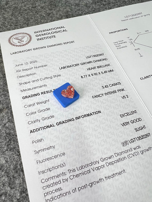 3.43 Carat Fancy Intense Pink Lab Grown Diamond Heart Shape EX VG IGI Certified CVD VS2