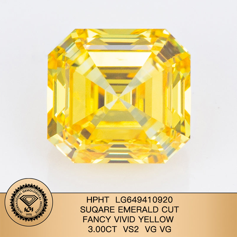 3 Carat Lab Grown Diamond Fancy Vivid Yellow VS2 Square Emerald 2VG HPHT Wholesale