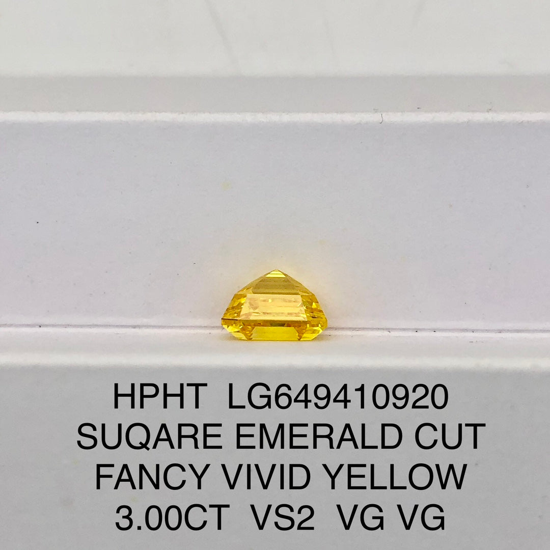 3 Carat Lab Grown Diamond Fancy Vivid Yellow VS2 Square Emerald 2VG HPHT Wholesale