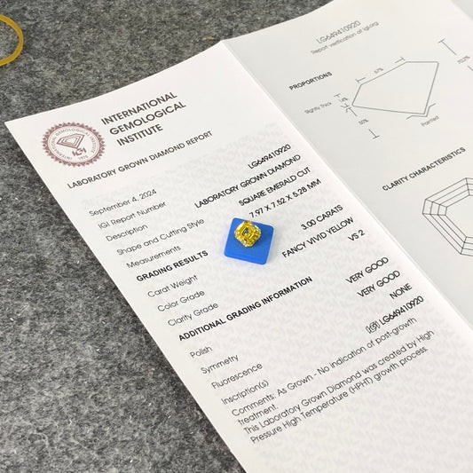 3 Carat Lab Grown Diamond Fancy Vivid Yellow VS2 Square Emerald 2VG HPHT Wholesale