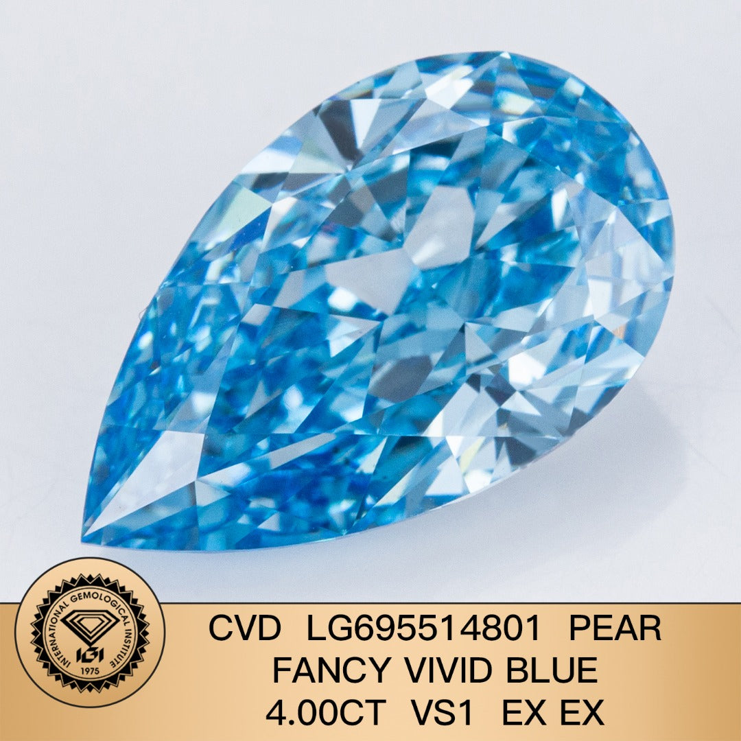4.00 Carat Lab Grown Diamond Fancy Vivid Blue Pear Shape 2EX CVD VS1 IGI Certified