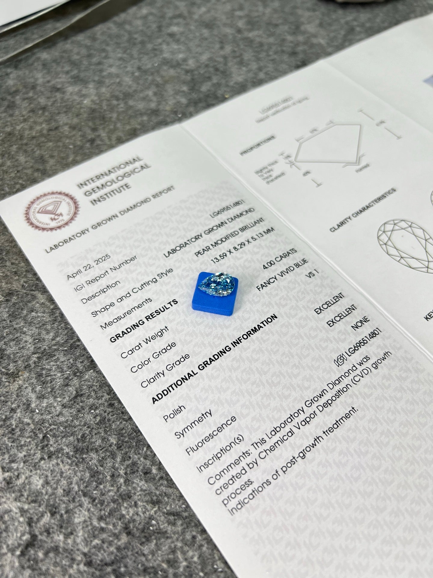 4.00 Carat Lab Grown Diamond Fancy Vivid Blue Pear Shape 2EX CVD VS1 IGI Certified