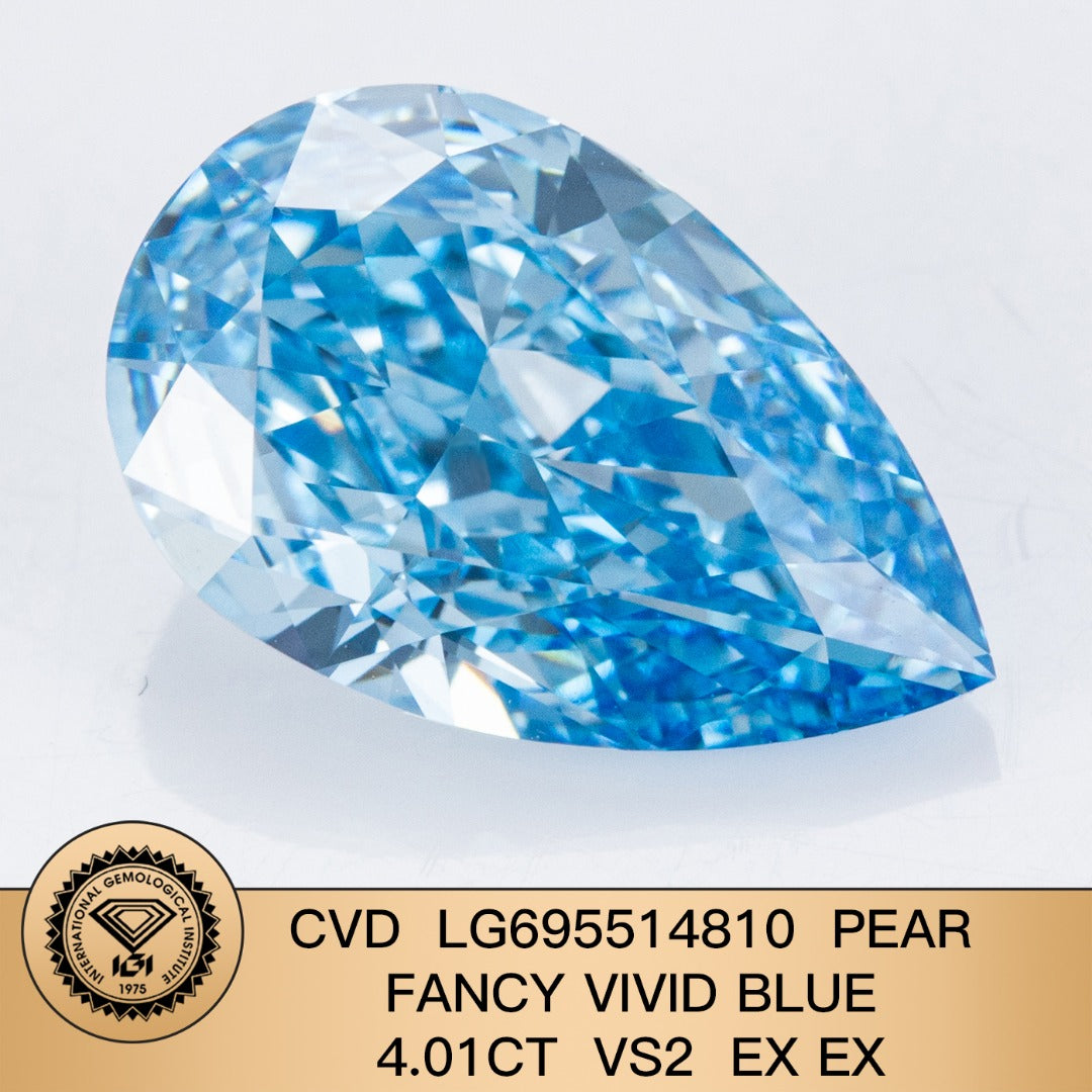 Diamant synthétique de 4,01 carats, taille poire, bleu vif fantaisie VS2 CVD 2EX